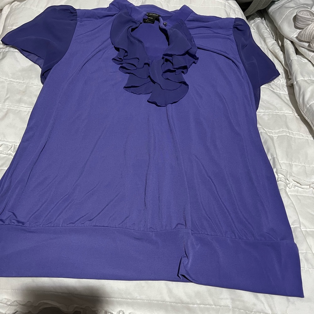 Lane Bryant purple shirt with band at hips, sheer sleeves and frilly front.